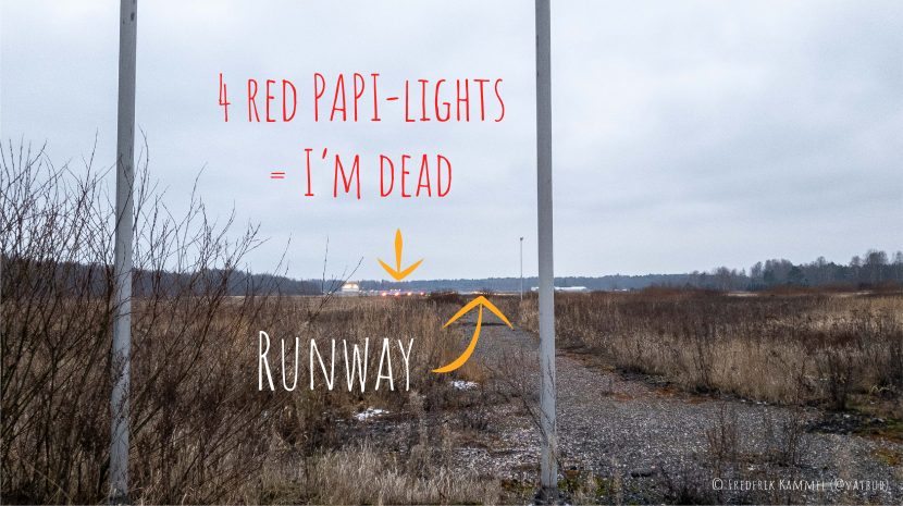 PAPI lights and runway of the airfield in Malmi. Text in the image: Runway; 4 red PAPI-lights = I'm dead
